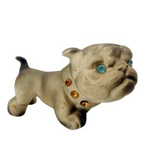 vintage Roselane Pottery gray Sparkler Bulldog figurine blue rhinestone eyes MCM